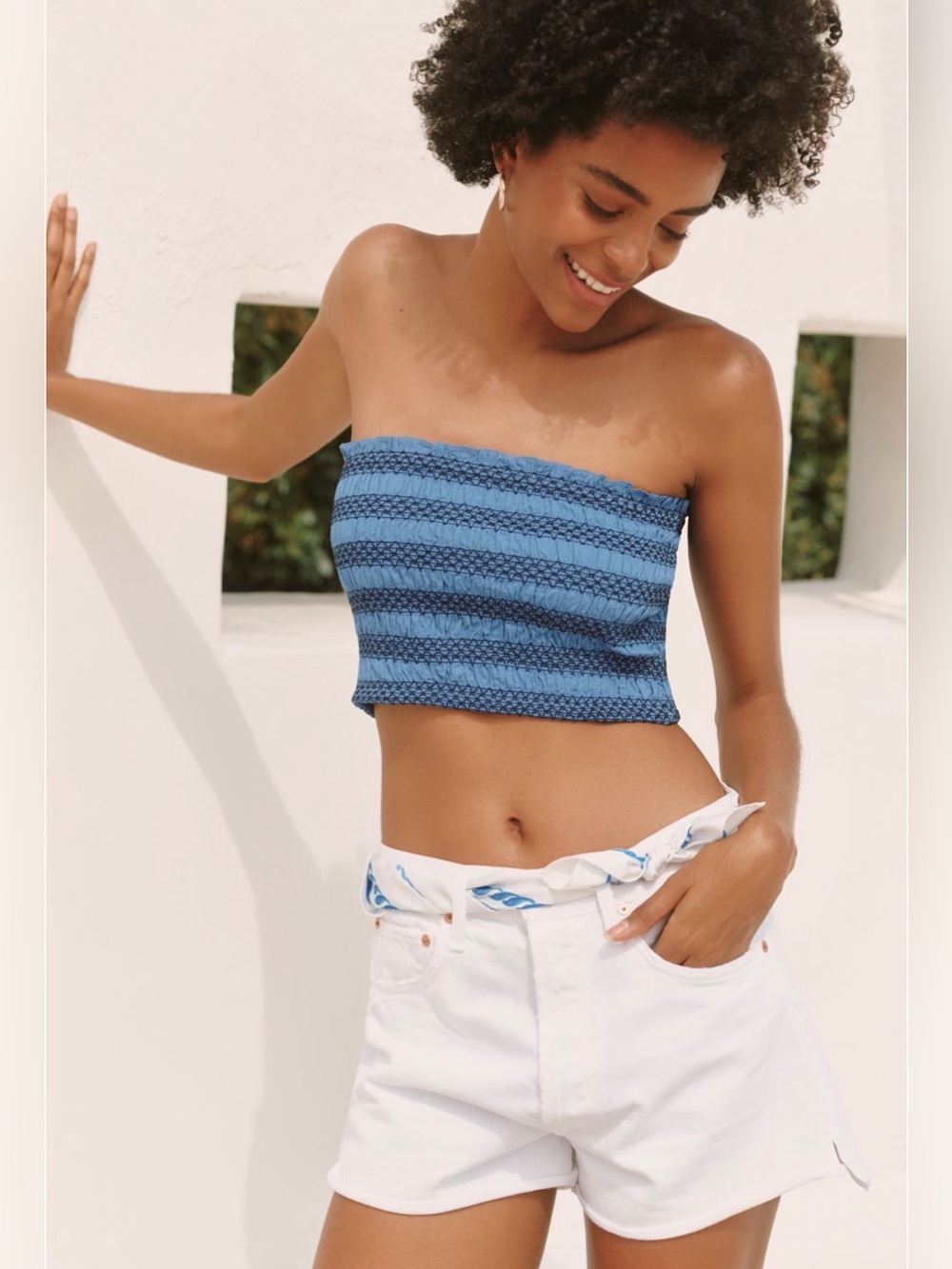 Anthropologie Celandine Strapless Smocked Top in Marina XL NWT